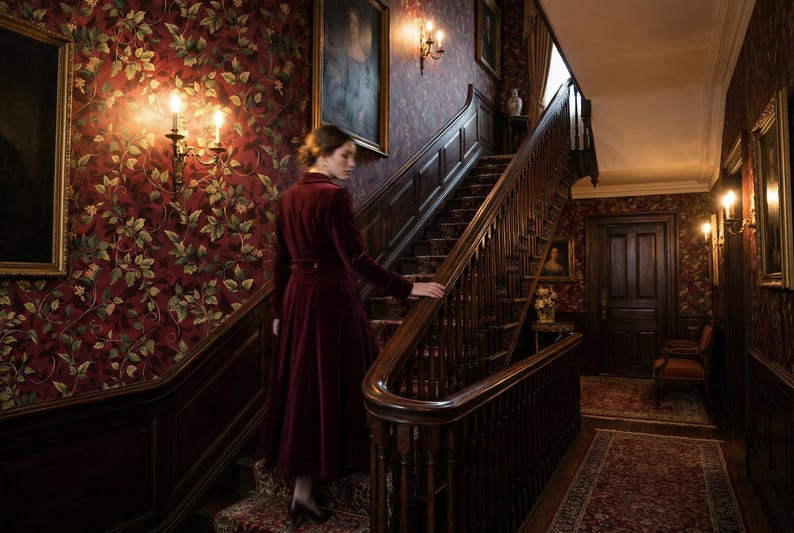 Peut inclure: Une personne v&ecirc;tue d'un manteau de velours bordeaux descend un escalier en bois dans une maison d'&eacute;poque. Les murs sont orn&eacute;s de papier peint floral et d'&oelig;uvres encadr&eacute;es. L'escalier a une rampe et des marches en bois fonc&eacute;.