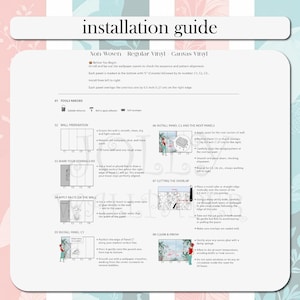 May include: An installation guide for non-woven, regular vinyl, and canvas vinyl wallpaper. The document features eight numbered steps with diagrams and text instructions, including a 0.5 inch overlap measurement for panel alignment.