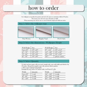 May include: An instructional guide titled how to order, detailing wallpaper selection steps. It includes three material types: Non Woven, Regular Vinyl, and Peel & Stick. Tables provide wall height dimensions in inches and quantity calculations.
