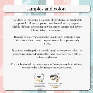 Może przedstawiać: Biała tablica informacyjna z nagł&oacute;wkiem samples and colors. Tekst wyjaśnia, że kolory drukowanej tapety mogą r&oacute;żnić się o 3-5% od wyświetlanych na ekranie i zaleca zam&oacute;wienie pr&oacute;bki w celu sprawdzenia koloru przed rozpoczęciem produkcji.