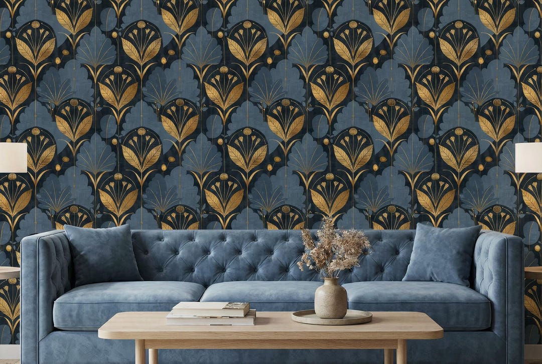 Art Deco Botanical Wallpaper Blue Gold Wall Paper Floral Pattern Mural