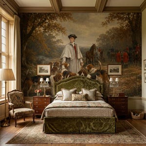 Foxhunting Landscape Wall Mural, Peel and Stick Antique Wallpaper, Non Woven Equestrian Wall Decor, Oil Painting Dog Wall Art