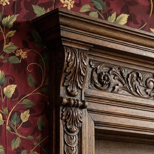 Peut inclure: Gros plan sur une armoire en bois fonc&eacute; avec des sculptures complexes. L'armoire pr&eacute;sente des motifs floraux et des t&ecirc;tes de lion d&eacute;taill&eacute;s. Le fond est un papier peint bordeaux avec des motifs floraux verts et jaunes.