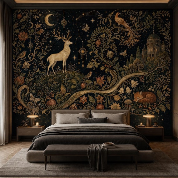 Celestial White Deer Wallpaper, Moonlit Forest Wall Mural, Peel and Stick Woodland Wall Decor, Mystic Nature Wall Art