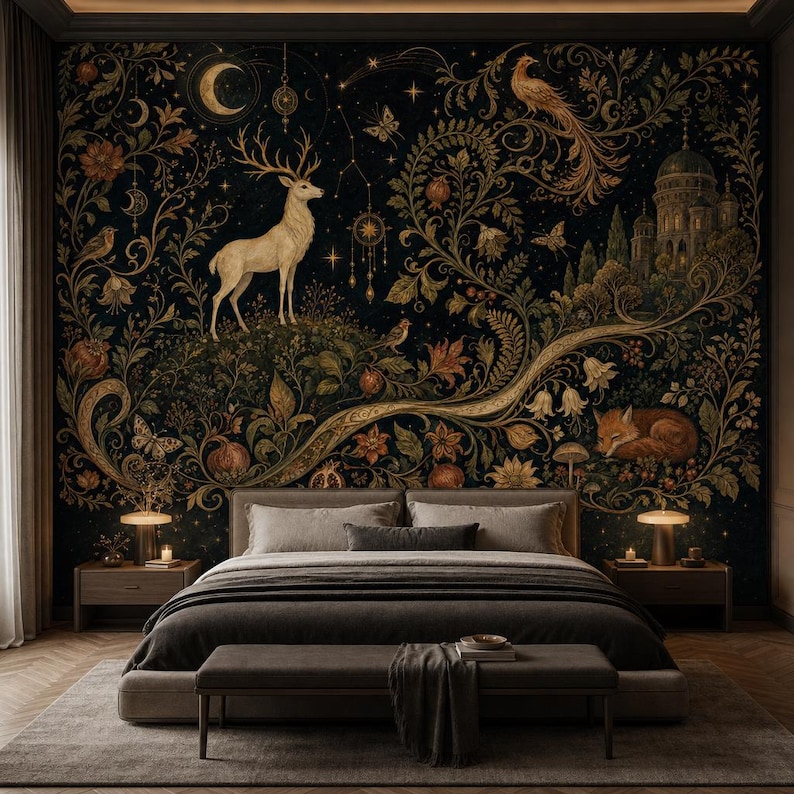 Celestial White Deer Wallpaper, Moonlit Forest Wall Mural, Peel and Stick Woodland Wall Decor, Mystic Nature Wall Art