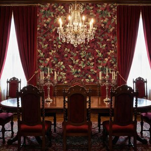 Peut inclure: Une salle &agrave; manger formelle avec une grande table en bois et des chaises orn&eacute;es. La pi&egrave;ce pr&eacute;sente des rideaux de velours rouge, du papier peint floral et un lustre en cristal. La pi&egrave;ce est pr&ecirc;te pour un d&icirc;ner.