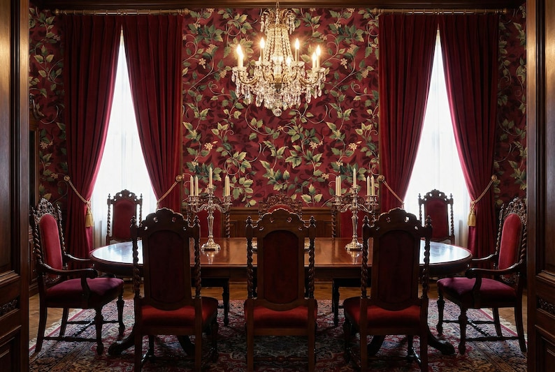 Peut inclure: Une salle &agrave; manger formelle avec une grande table en bois et des chaises orn&eacute;es. La pi&egrave;ce pr&eacute;sente des rideaux de velours rouge, du papier peint floral et un lustre en cristal. La pi&egrave;ce est pr&ecirc;te pour un d&icirc;ner.