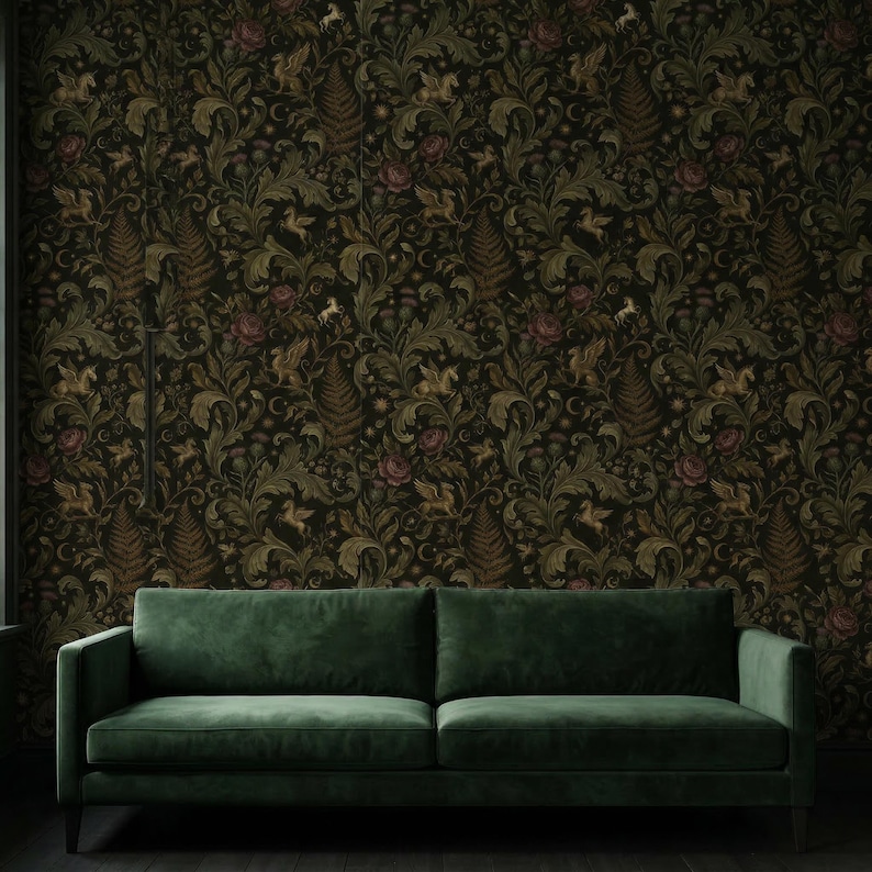Dark Unicorn Gothic Wallpaper Removable Botanical Mural Peel and Stick Griffin Wall Paper Non Woven Vinyl