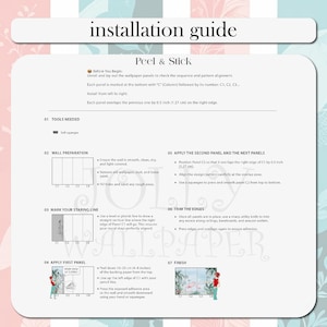 May include: An installation guide for peel and stick wallpaper featuring seven steps. The document includes text instructions, diagrams for wall preparation, panel alignment, and trimming, with specific measurements of 0.5 inches and 4-8 inches.