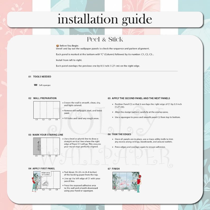 May include: An installation guide for peel and stick wallpaper featuring seven steps. The document includes text instructions, diagrams for wall preparation, panel alignment, and trimming, with specific measurements of 0.5 inches and 4-8 inches.