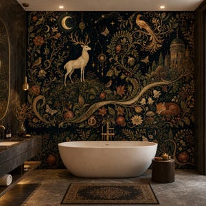 Celestial White Deer Wallpaper, Moonlit Forest Wall Mural, Peel and Stick Woodland Wall Decor, Mystic Nature Wall Art