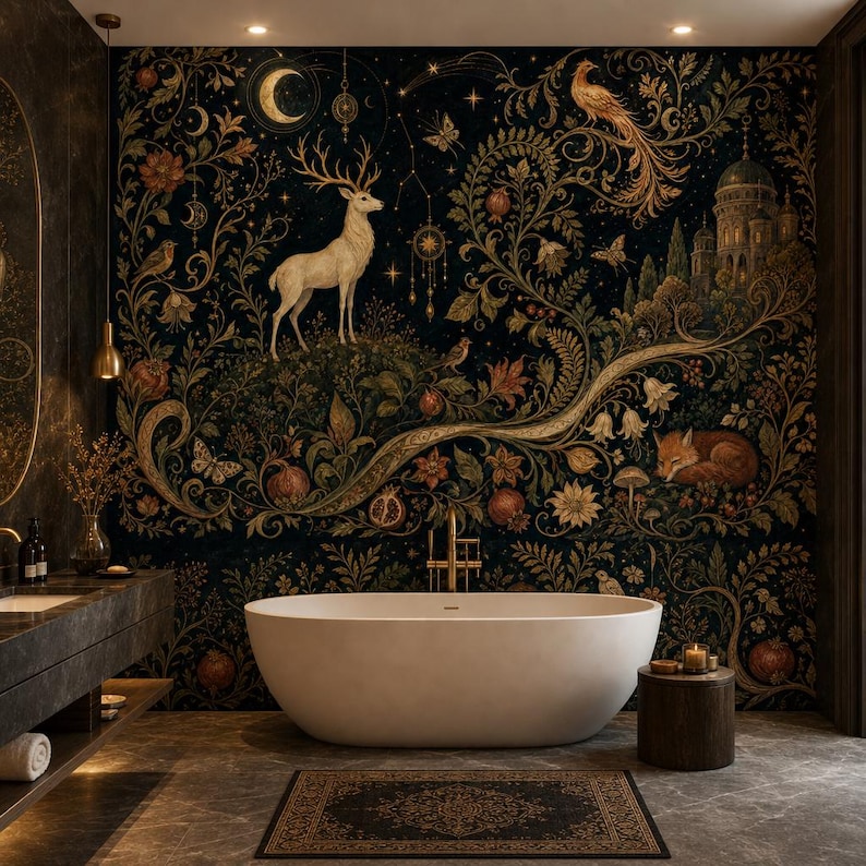Celestial White Deer Wallpaper, Moonlit Forest Wall Mural, Peel and Stick Woodland Wall Decor, Mystic Nature Wall Art