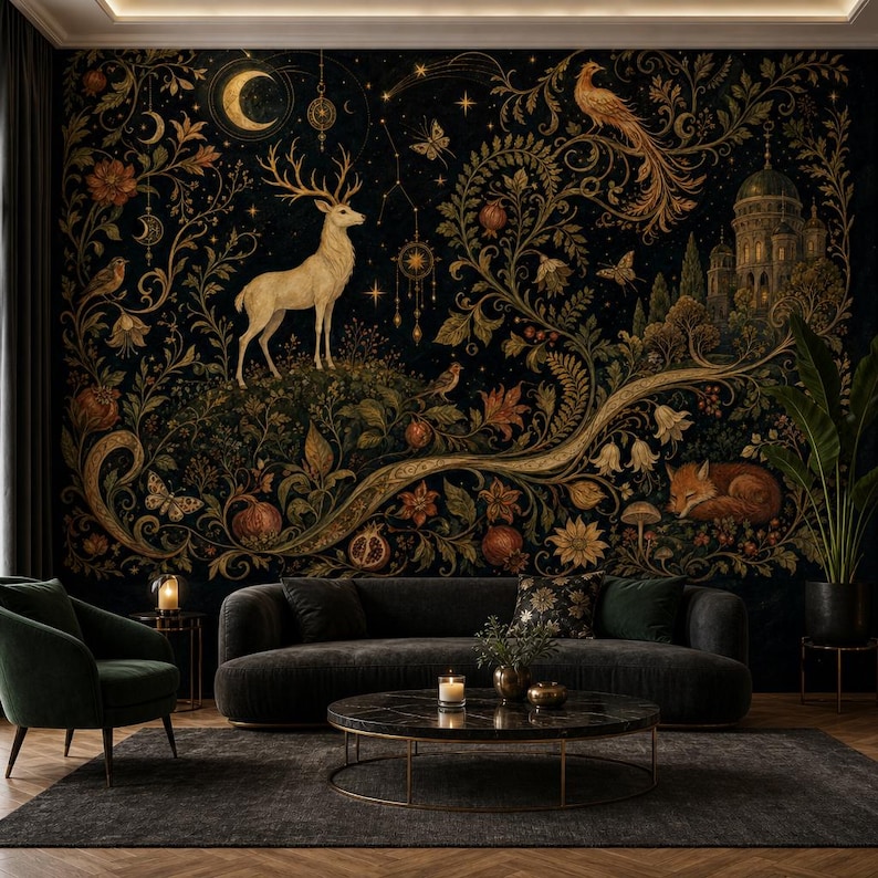 Celestial White Deer Wallpaper, Moonlit Forest Wall Mural, Peel and Stick Woodland Wall Decor, Mystic Nature Wall Art