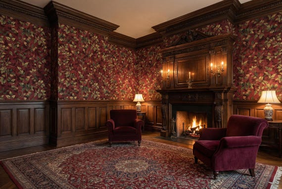 Victorian Floral Vine Wallpaper Mural Burgundy Red Vintage Peel and Stick Removable Wall Paper