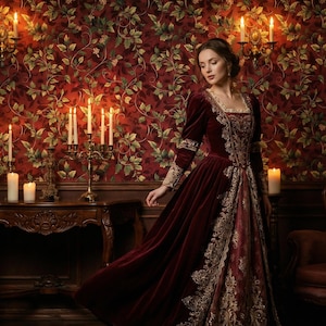 Peut inclure: Une femme porte une robe de velours bordeaux avec des broderies dor&eacute;es dans une pi&egrave;ce avec du papier peint floral et des bougies allum&eacute;es. La robe a des manches longues et une encolure carr&eacute;e. Des meubles anciens et des chandeliers compl&egrave;tent l'esth&eacute;tique vintage.