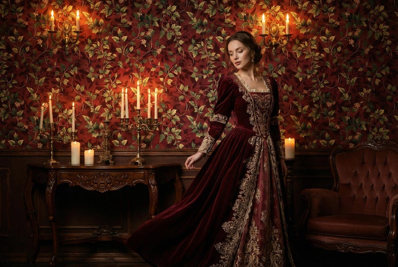 Peut inclure: Une femme porte une robe de velours bordeaux avec des broderies dor&eacute;es dans une pi&egrave;ce avec du papier peint floral et des bougies allum&eacute;es. La robe a des manches longues et une encolure carr&eacute;e. Des meubles anciens et des chandeliers compl&egrave;tent l'esth&eacute;tique vintage.