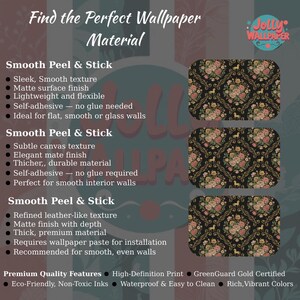 Peut inclure: Publicit&eacute; pour Jolly Wallpaper. Elle pr&eacute;sente trois &eacute;chantillons de papier peint avec un fond noir et un motif floral rose, jaune et or. Le texte met en &eacute;vidence des caract&eacute;ristiques telles que l'auto-adh&eacute;sif et les encres &eacute;cologiques.