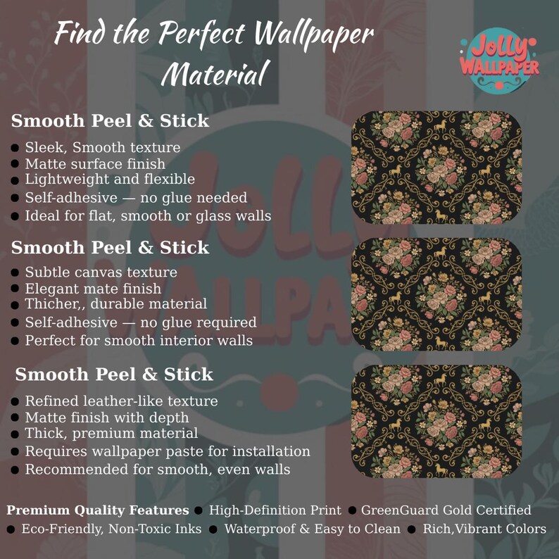 Peut inclure: Publicit&eacute; pour Jolly Wallpaper. Elle pr&eacute;sente trois &eacute;chantillons de papier peint avec un fond noir et un motif floral rose, jaune et or. Le texte met en &eacute;vidence des caract&eacute;ristiques telles que l'auto-adh&eacute;sif et les encres &eacute;cologiques.