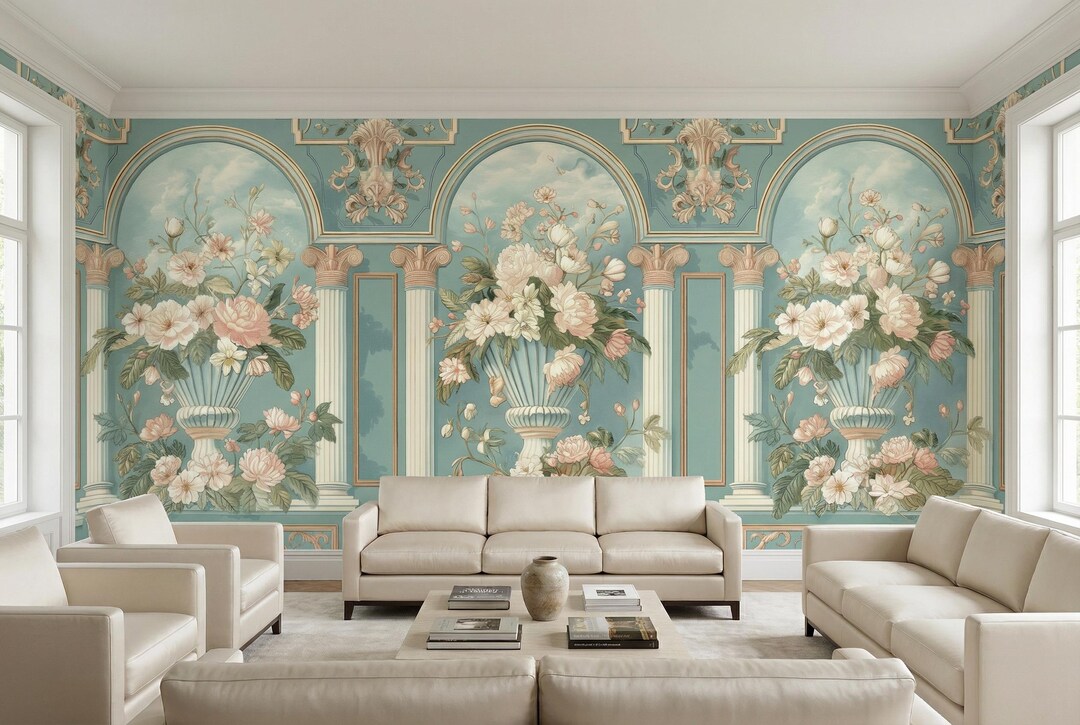French Rococo Column Vintage French Floral Wallpaper Rococo Columns and Bouquet Removable ...