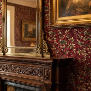 Peut inclure: Int&eacute;rieur d'une pi&egrave;ce avec une chemin&eacute;e en bois fonc&eacute; aux sculptures &eacute;labor&eacute;es. Au-dessus, un grand miroir dor&eacute; refl&egrave;te la pi&egrave;ce. Les murs sont recouverts d'un papier peint floral bordeaux, et une peinture encadr&eacute;e est accroch&eacute;e au-dessus du miroir.