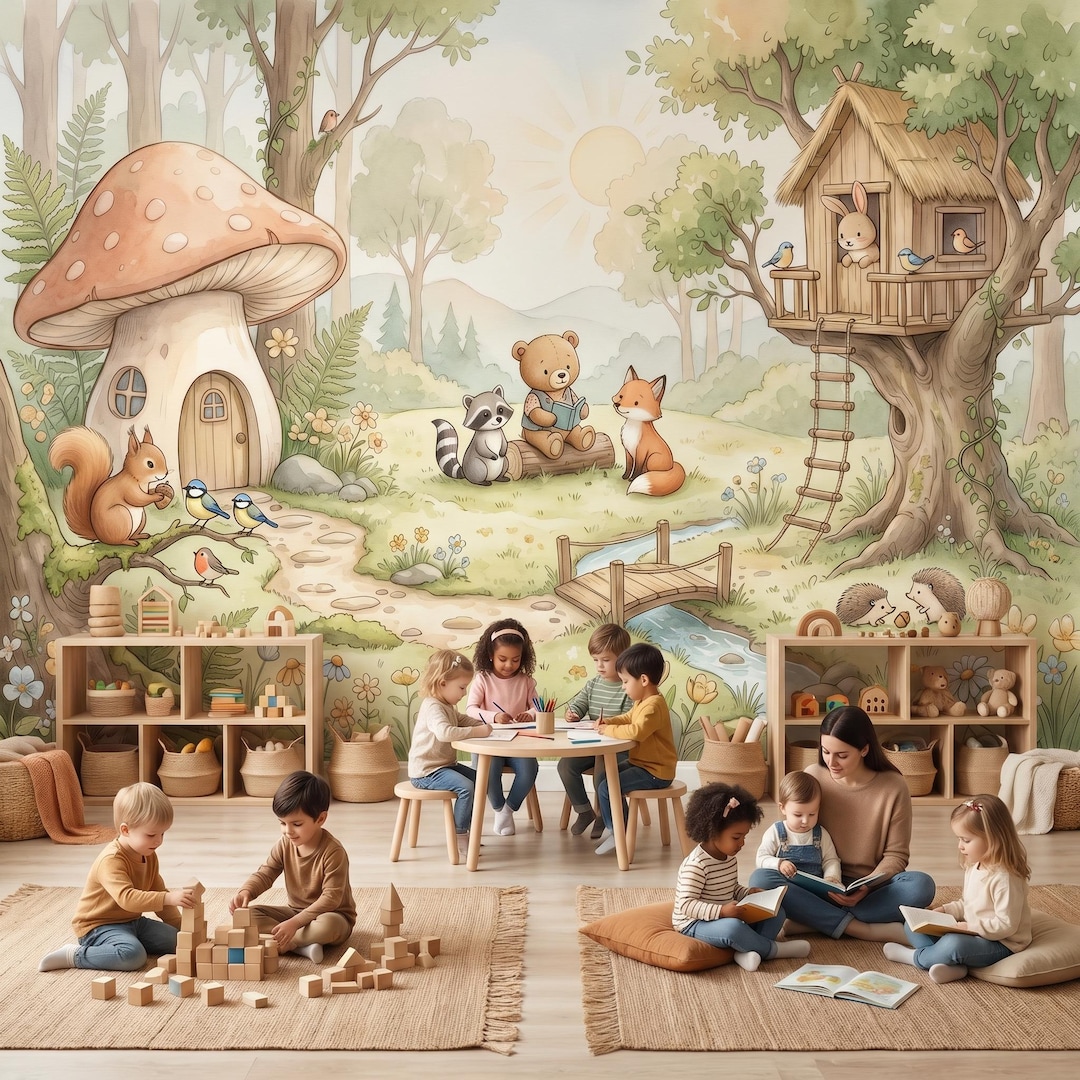 Woodland Nursery Peel and Stick Mural Cute Animal Forest Wallpaper Kids ...