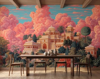 Papel pintado mural autoadhesivo estilo mogol con motivos florales indios del Palacio de los Jardines de Jaipur.