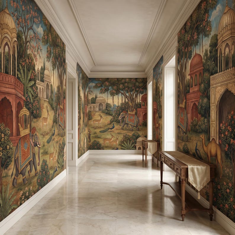 Indian Mughal Peel and Stick Mural Peacock Palace Waterproof Wallpaper ...