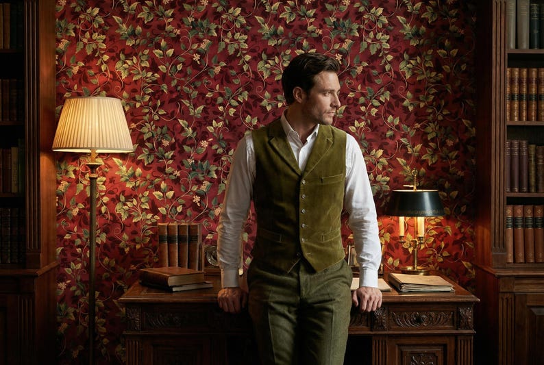Peut inclure: Un homme porte un gilet vert et un pantalon assorti dans une pi&egrave;ce avec un papier peint floral rouge. Un bureau avec des livres et une lampe sont devant lui. Des biblioth&egrave;ques sont de chaque c&ocirc;t&eacute; de la pi&egrave;ce.