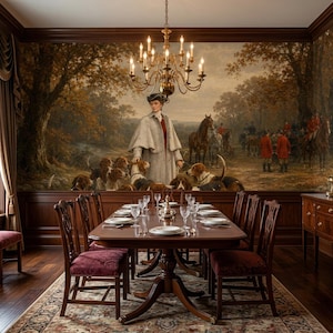 Foxhunting Landscape Wall Mural, Peel and Stick Antique Wallpaper, Non Woven Equestrian Wall Decor, Oil Painting Dog Wall Art