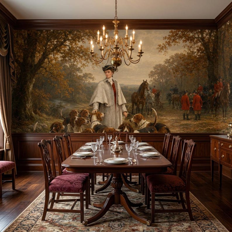 Foxhunting Landscape Wall Mural, Peel and Stick Antique Wallpaper, Non Woven Equestrian Wall Decor, Oil Painting Dog Wall Art