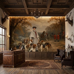 Foxhunting Landscape Wall Mural, Peel and Stick Antique Wallpaper, Non Woven Equestrian Wall Decor, Oil Painting Dog Wall Art