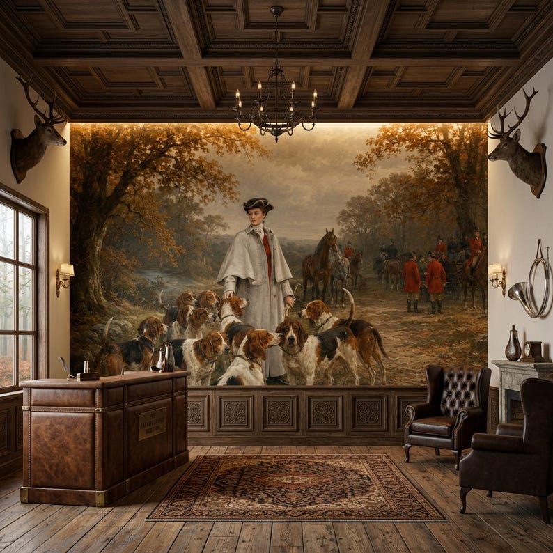 Foxhunting Landscape Wall Mural, Peel and Stick Antique Wallpaper, Non Woven Equestrian Wall Decor, Oil Painting Dog Wall Art