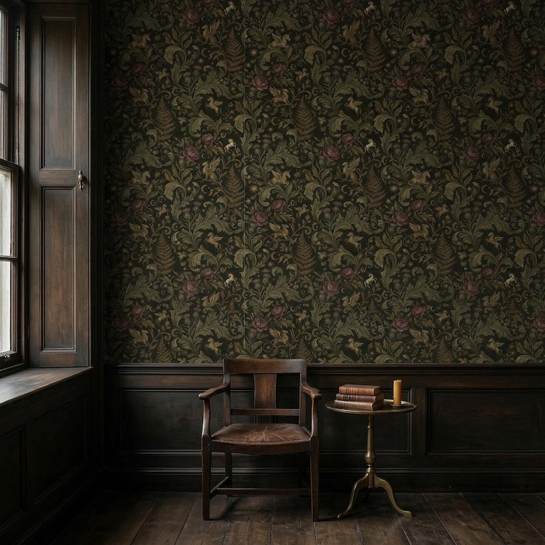 Dark Unicorn Gothic Wallpaper Removable Botanical Mural Peel and Stick Griffin Wall Paper Non Woven Vinyl