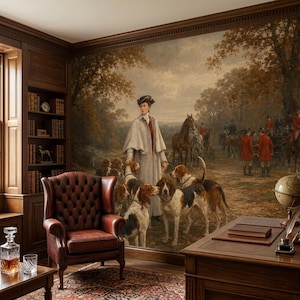 Foxhunting Landscape Wall Mural, Peel and Stick Antique Wallpaper, Non Woven Equestrian Wall Decor, Oil Painting Dog Wall Art