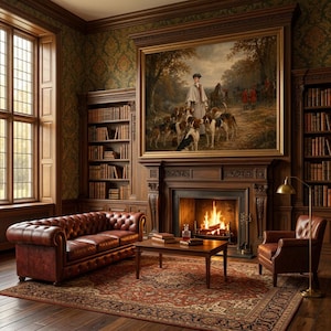 Foxhunting Landscape Wall Mural, Peel and Stick Antique Wallpaper, Non Woven Equestrian Wall Decor, Oil Painting Dog Wall Art