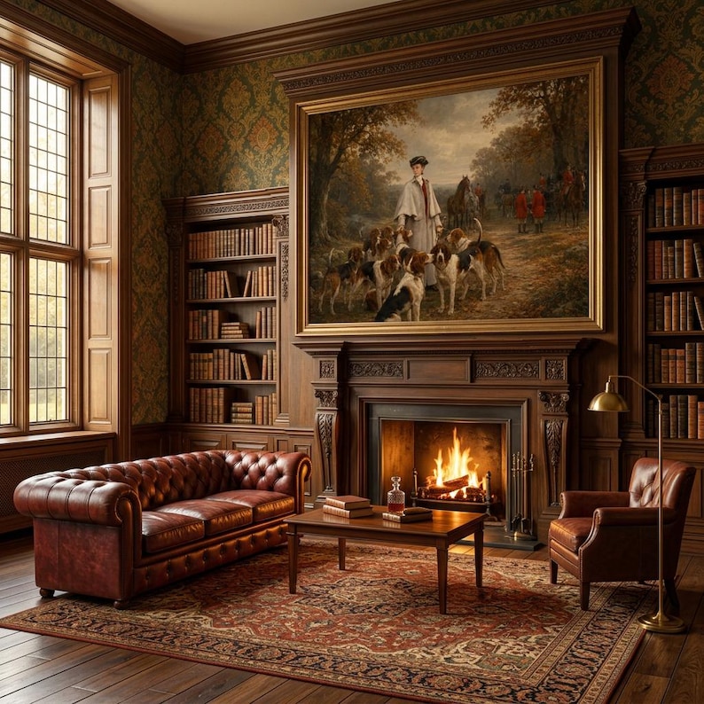 Foxhunting Landscape Wall Mural, Peel and Stick Antique Wallpaper, Non Woven Equestrian Wall Decor, Oil Painting Dog Wall Art