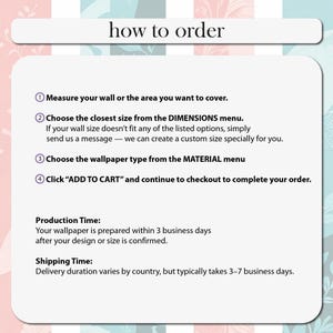 Może przedstawiać: Grafika instruktażowa zatytułowana how to order z czterema numerowanymi krokami zamawiania tapety. Opisuje mierzenie ściany, wyb&oacute;r wymiar&oacute;w, materiału i dodanie do koszyka, a także zawiera informacje o czasie produkcji i dostawy.