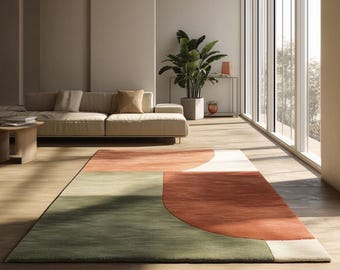 Terracotta Olive Green Geometric Rug, Modern Abstract Color Block Mid Century Area Carpet for