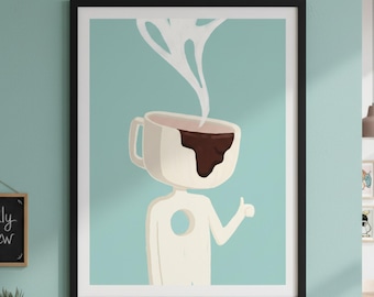 Impressão artística de uma cabeça de café | Ilustração minimalista e original | Arte de parede para cozinha (download digital)