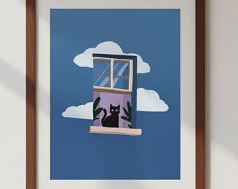 Black Cat in Window Art Print | Cozy Blue Sky Feline Illustration Digital Download