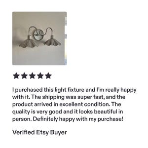 Small product photo of a double wall sconce with polished chrome curved arms and two fluted shades mounted on a plain neutral wall, shown above a five-star customer review.