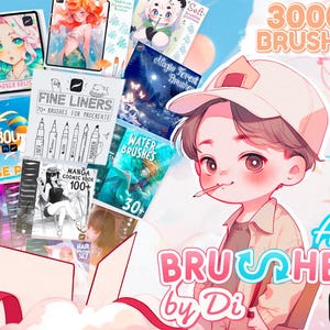 以下が含まれることがあります： Procreate 用のデジタルアートブラシのコレクションを示すイラスト。 「Fine Liners」や「Water Brushes」など。 画像には漫画のキャラクターと「3000+ BRUSHES」と「All BRUSHES by Di」というテキストが表示されています。