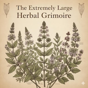 Puede incluir: Ilustración de un grimorio botánico titulado "The Extremely Large Herbal Grimoire". La imagen presenta dibujos detallados de varias hierbas con hojas verdes y flores moradas, sobre un fondo beige. El texto está en una fuente serif.