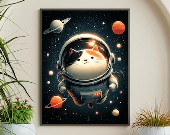 満月の猫のプリント | 宇宙アート | 白い猫 | 宇宙アート | 月の