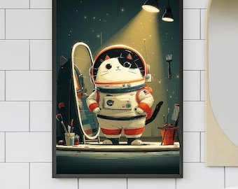 Konsttryck med astronautkatt | Nyckfull rymdillustration