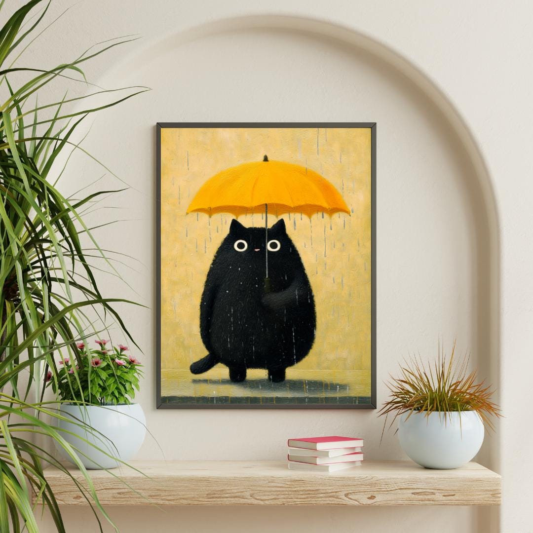 Black Cat With Yellow Umbrella Wall Art, Cozy Rainy Illustration ...