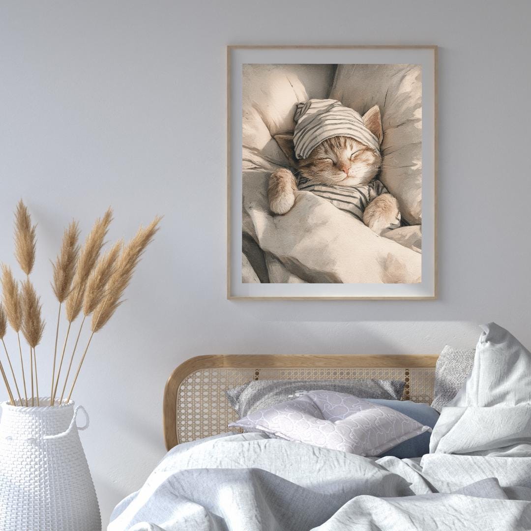 Sleeping Cat Wall Art, Cozy Kitten Print, Neutral Bedroom Decor, Cute ...