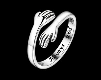 ALWAYS WITH YOU Adjustable 925 Sterling Silver Hug Ring | Heartfelt Gift For Women like Mom Daughter Sister Wife Grandma. Tarnish Free Ring