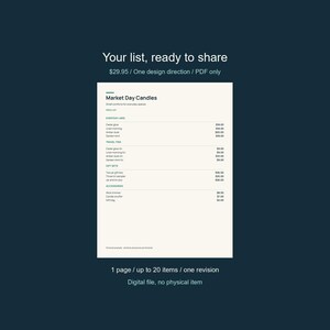 May include: A digital price list template titled Market Day Candles on a cream background. The document features sections for Everyday Jars, Travel Tins, Gift Sets, and Accessories with placeholder text and prices. The text reads Your list, ready to share.