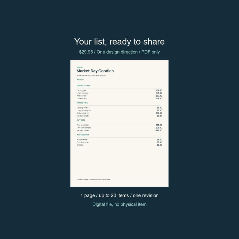 May include: A digital price list template titled Market Day Candles on a cream background. The document features sections for Everyday Jars, Travel Tins, Gift Sets, and Accessories with placeholder text and prices. The text reads Your list, ready to share.